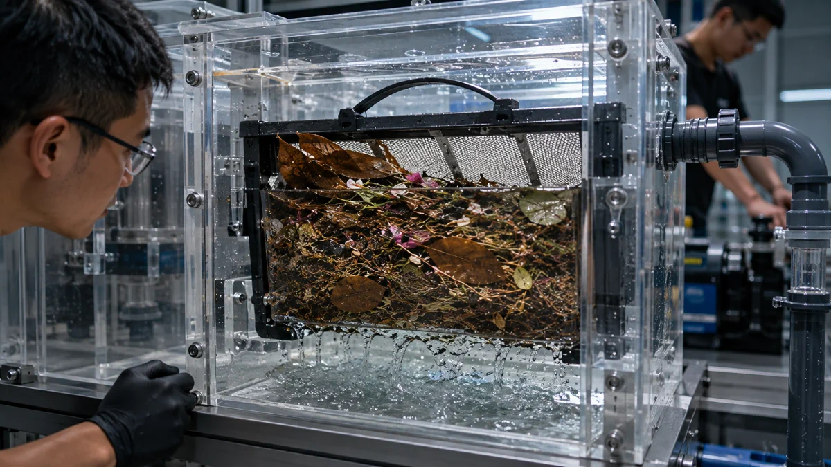 Robotic pool skimmer filter tested with packed wet leaves and mixed debris to evaluate water flow as the filter fills