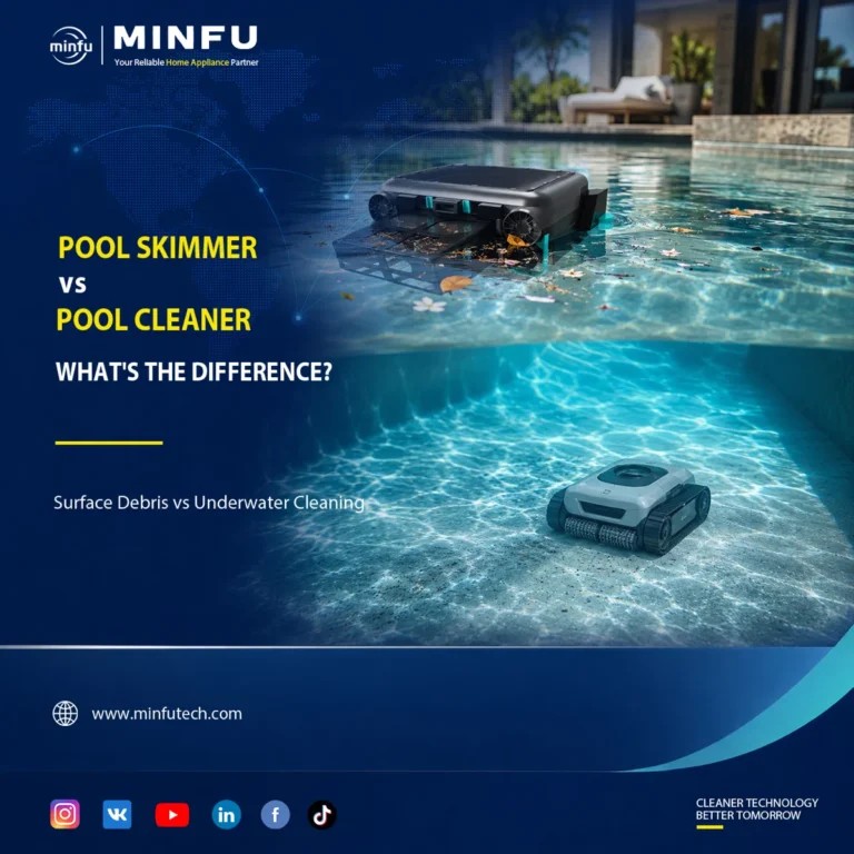 robotic-pool-skimmer-vs-robotic-pool-cleaner Robotic pool skimmer collecting floating surface debris while an underwater robotic pool cleaner removes sediment from the pool floor