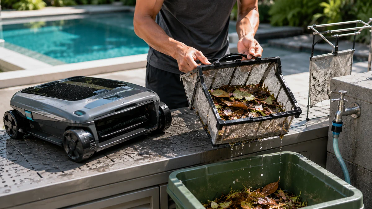 User removing a wet debris filter from a robotic pool skimmer and emptying collected leaves and plant debris for routine maintenance