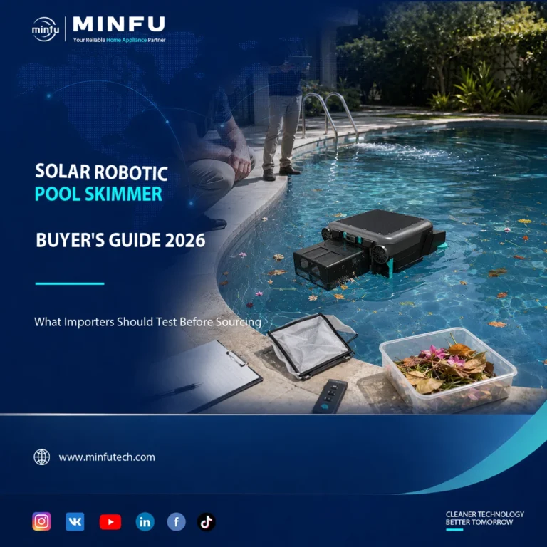 solar-robotic-pool-skimmer-buyers-guide-2026 Solar robotic pool skimmer collecting floating debris in a residential pool during a buyer evaluation for 2026 sourcing