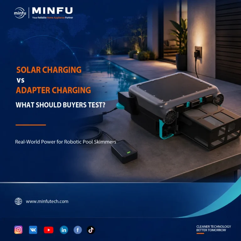 solar-vs-adapter-charging-robotic-pool-skimmer Solar robotic pool skimmer beside a residential pool using adapter charging as part of a dual-charging energy system