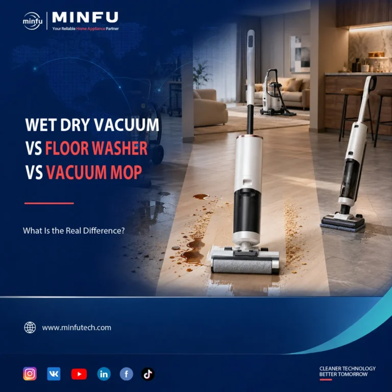 wet-dry-vacuum-vs-floor-washer-vs-vacuum-mop Wet dry vacuum, cordless floor washer and vacuum mop shown in different home cleaning applications