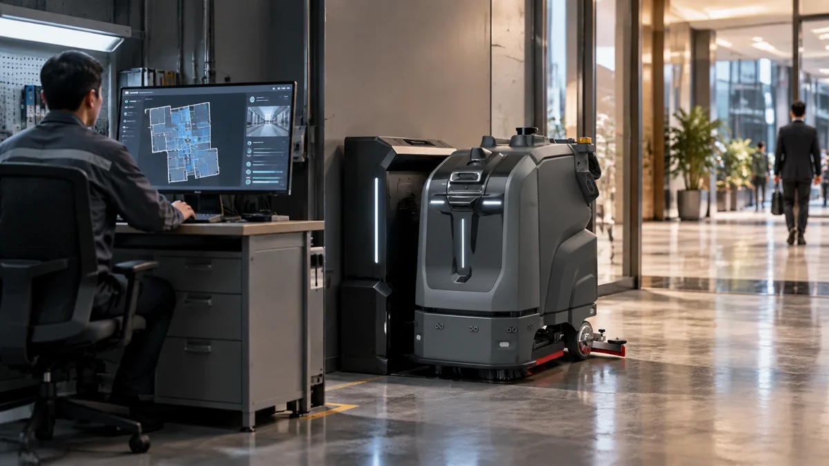 Automated charging and mission management for commercial cleaning robots