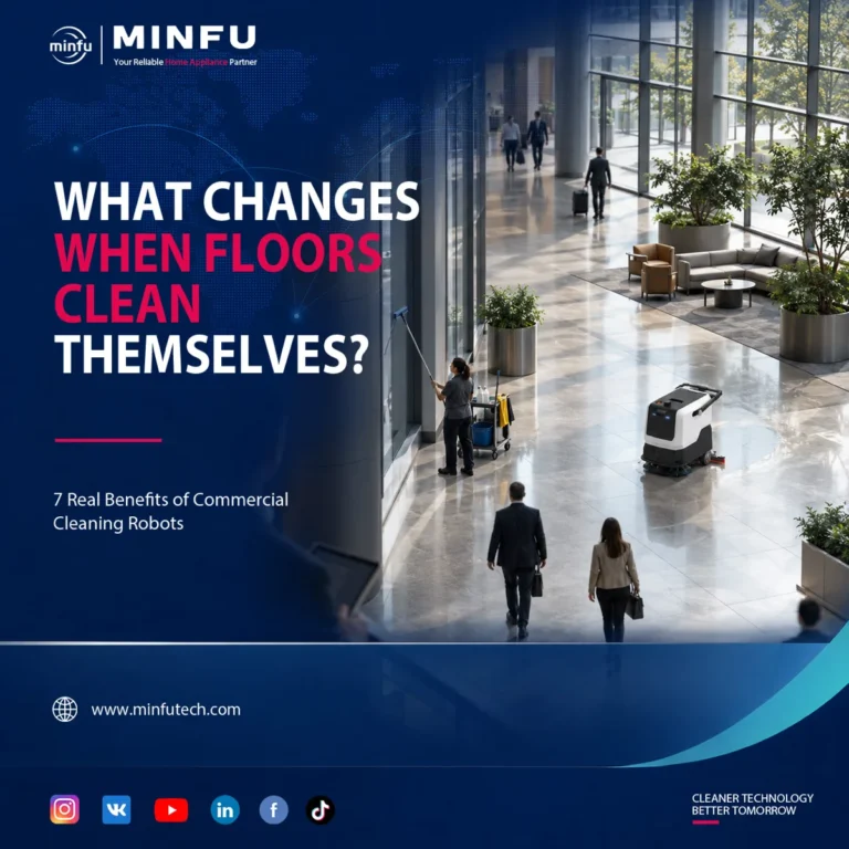commercial-cleaning-robot-benefits-facility-operations Commercial cleaning robot operating in a modern facility while staff handle other cleaning and facility tasks