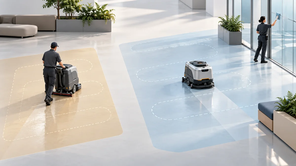 Autonomous commercial cleaning robot operating independently while staff handle manual floor care and detail cleaning tasks