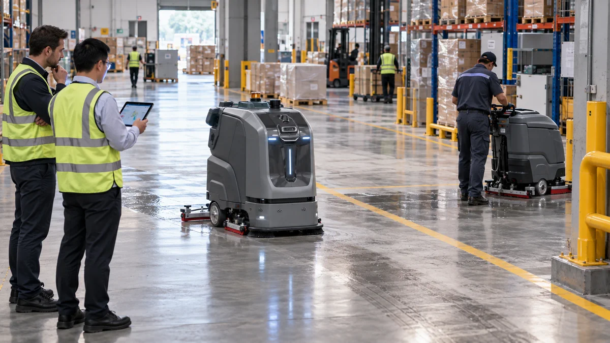 Commercial cleaning robot and traditional floor scrubber tested side by side in a real warehouse facility