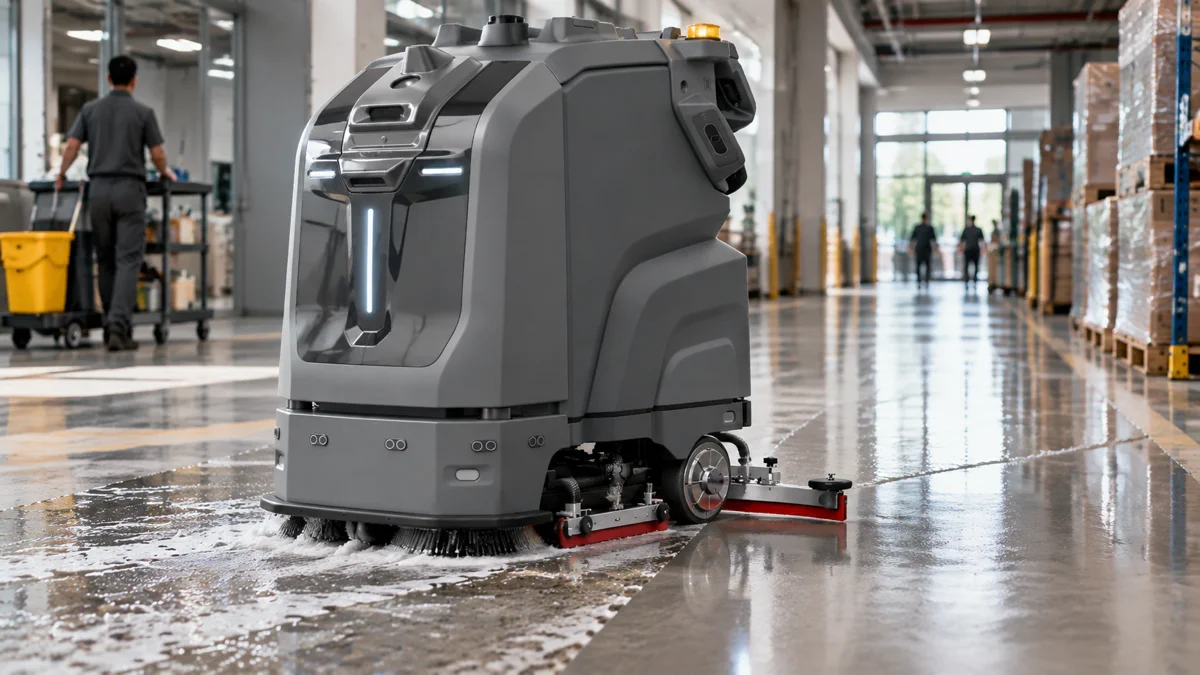 Robotic floor scrubber combining navigation with professional cleaning performance
