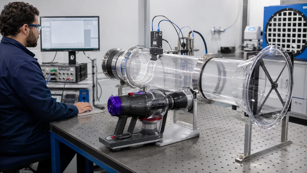 Cordless vacuum connected to an airflow test bench for CFM and air volume measurement