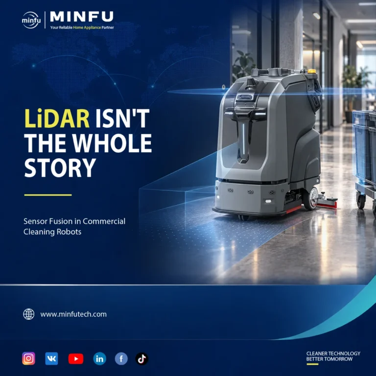 commercial-cleaning-robot-sensor-fusion Commercial cleaning robot with LiDAR and depth sensing visualization illustrating multi-sensor fusion in complex indoor environments