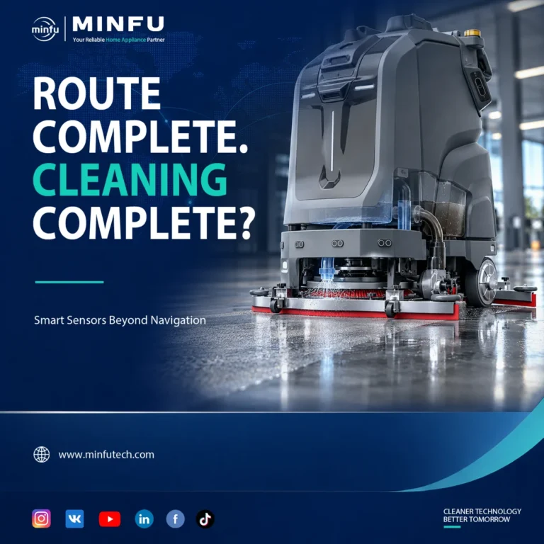 commercial-floor-scrubber-smart-sensors Conceptual illustration of a commercial floor scrubber highlighting cleaning system monitoring, water delivery and wastewater recovery