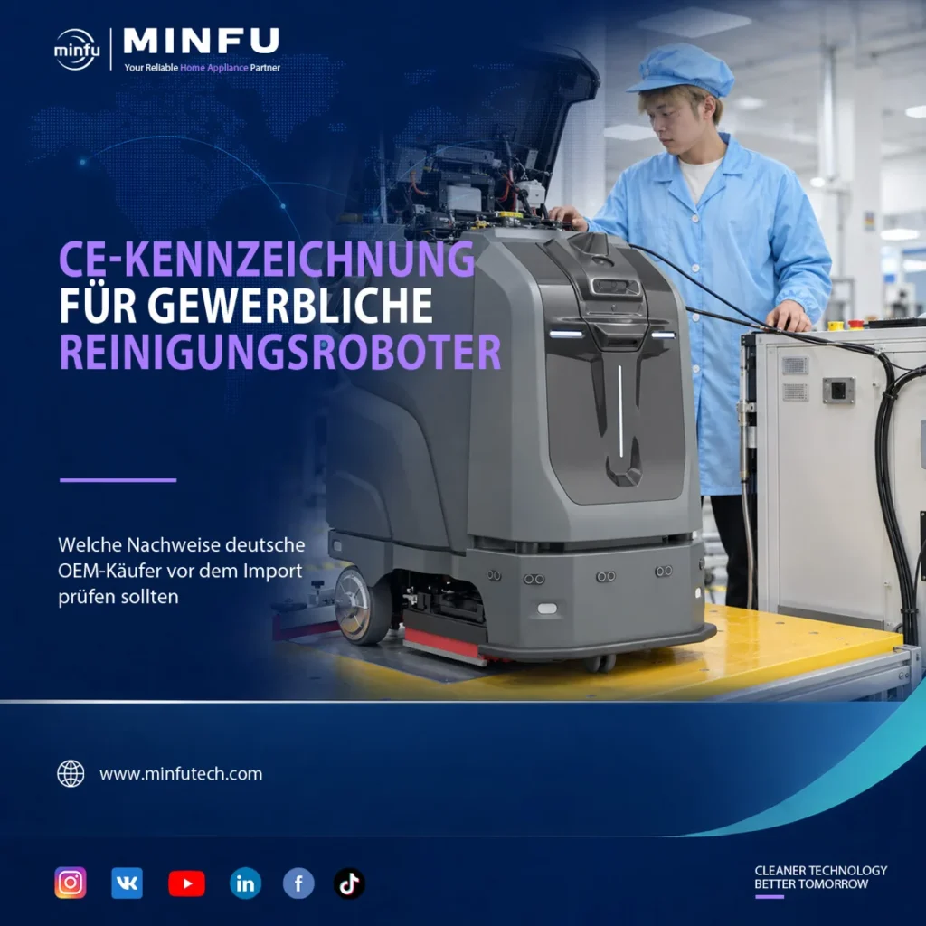 CE-Kennzeichnung für gewerbliche Reinigungsroboter – wichtige Nachweise für deutsche OEM-Käufer beim Import aus China.
