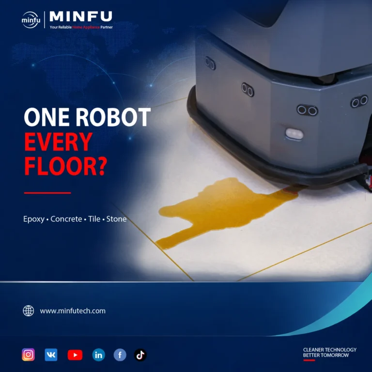 robotic-floor-scrubber-floor-types-compatibility Commercial robotic floor scrubber on a tiled floor, illustrating floor compatibility considerations for epoxy, concrete, tile and stone