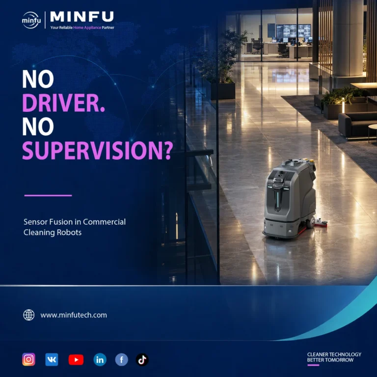 unsupervised-commercial-cleaning-robots Commercial cleaning robot operating in a quiet office building, illustrating the limits of unsupervised autonomous floor cleaning